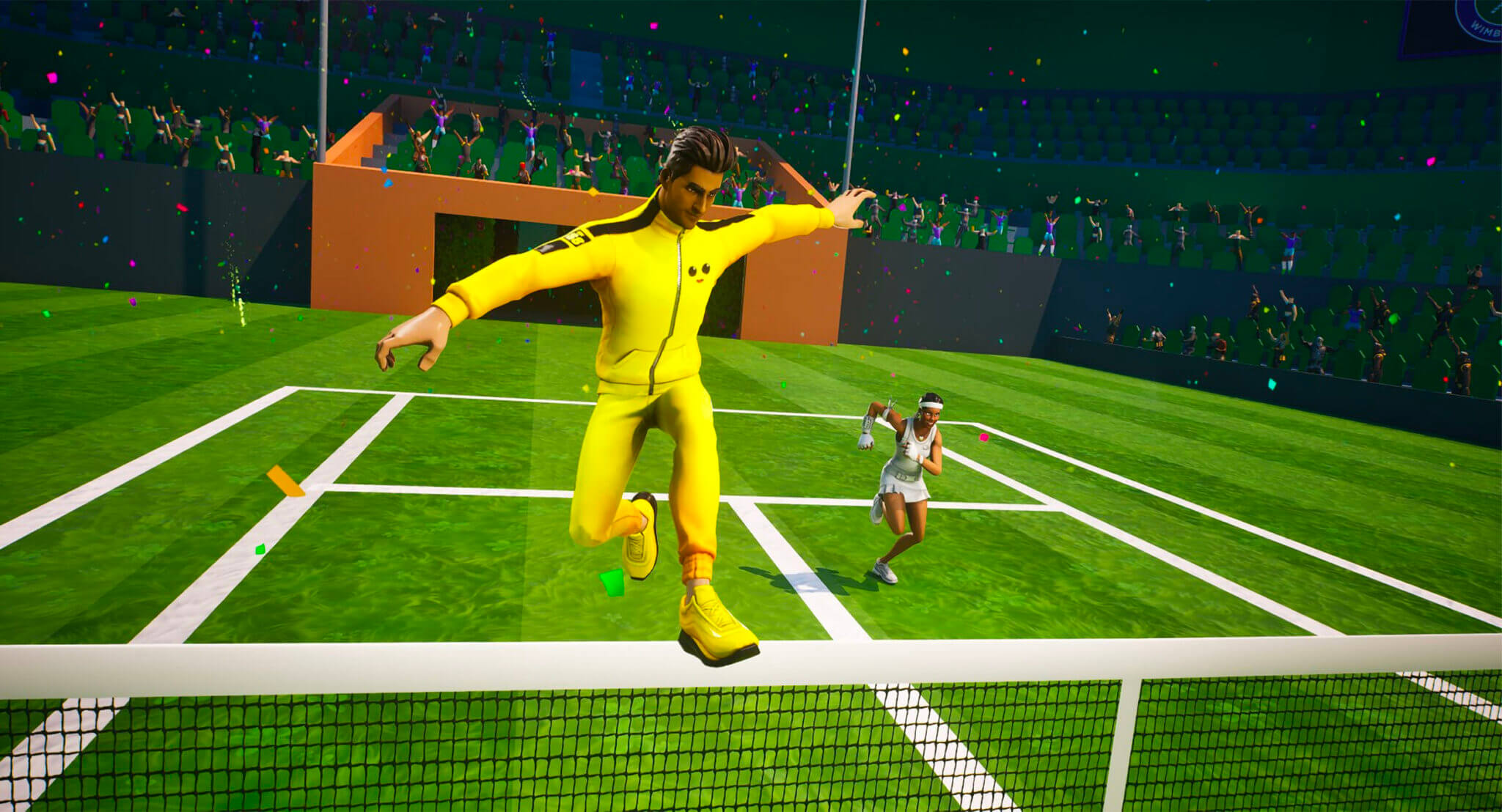 Character jumping over tennis net