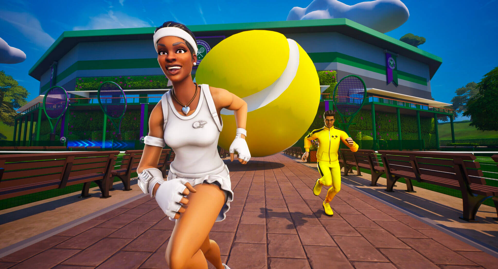 Characters running from huge tennis ball